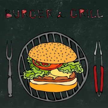 Big Hamburger or Cheeseburger with BBQ Grill, Tongs and Fork for Barbecue Stock Illustration