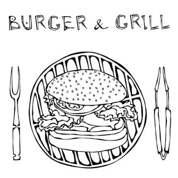 Big Hamburger or Cheeseburger with BBQ Grill, Tongs and Fork for Barbecue Stock Illustration