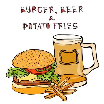 Big Hamburger or Cheeseburger, Beer Mug or Pint and Fried Potato. Burger Stock Illustration