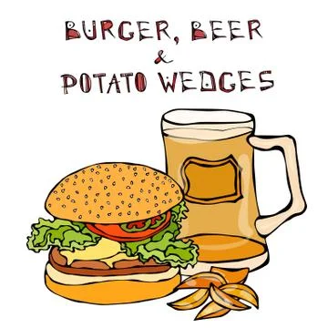 Big Hamburger or Cheeseburger, Beer Mug or Pint and Fried Potato. Burger Stock Illustration