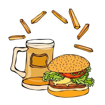 Big Hamburger or Cheeseburger, Beer Mug or Pint and Fried Potato. Burger Logo Stock Illustration