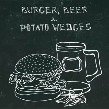 Big Hamburger or Cheeseburger, Beer Mug or Pint and Fried Potato. Burger Stock Illustration