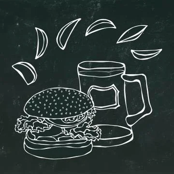 Big Hamburger or Cheeseburger, Beer Mug or Pint and Fried Potato. Burger Stock Illustration