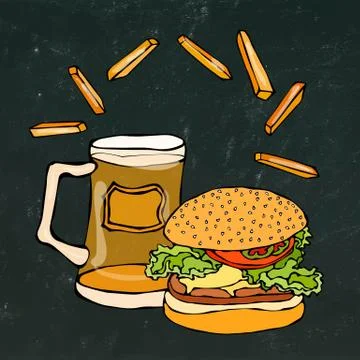 Big Hamburger or Cheeseburger, Beer Mug or Pint and Fried Potato. Burger Logo Stock Illustration