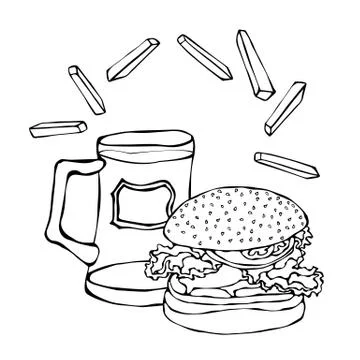 Big Hamburger or Cheeseburger, Beer Mug or Pint and Fried Potato. Burger Logo Stock Illustration