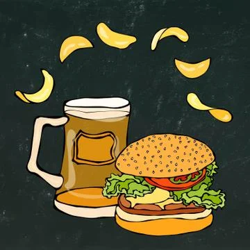 Big Hamburger or Cheeseburger, Beer Mug or Pint and Potato Chips. Burger Logo Stock Illustration