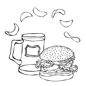 Big Hamburger or Cheeseburger, Beer Mug or Pint and Potato Chips. Burger Logo Stock Illustration