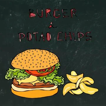 Big Hamburger or Cheeseburger, Beer Mug or Pint and Potato Chips. Burger Logo Stock Illustration