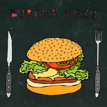 Big Hamburger or Cheeseburger. Burger Menu Lettering, Knife and Fork. Isolated Stock Illustration