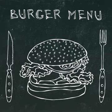 Big Hamburger or Cheeseburger. Burger Menu Lettering, Knife and Fork. Isolated Stock Illustration