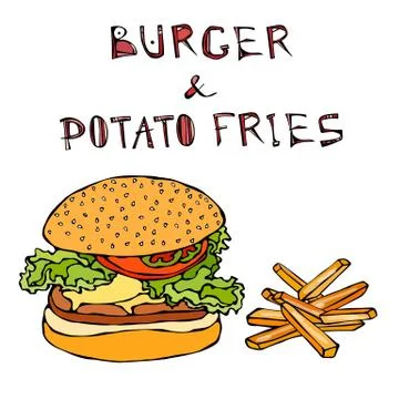 Big Hamburger or Cheeseburger with Fried Potato . Burger Lettering. Isolated On Stock Illustration