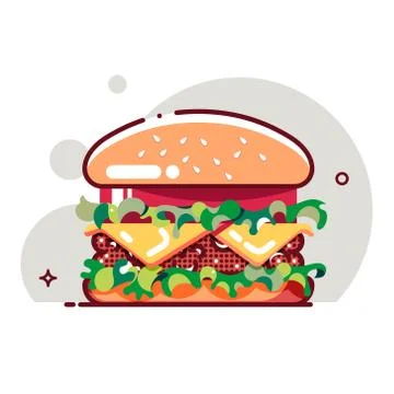 Big hamburger with tomato paste, cheese, beef cutlet and salad. Flat style. V 스톡 일러스트