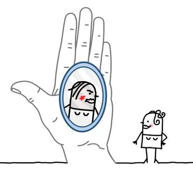 Big hand and character - reflection in the mirror Stock Illustration