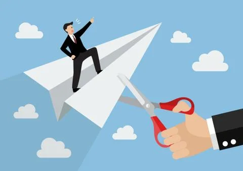 Big hand cutting rival paper rocket Stock Illustration
