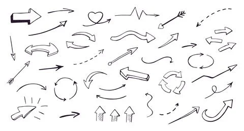 Big hand drawn arrows set in doodle style on white background Stock Illustration