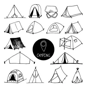 Big hand drawn vector camp tent clip art set. Isolated on white background .. Stock Illustration