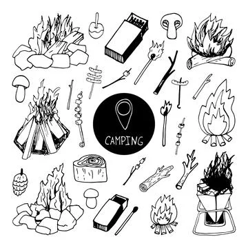 Big hand drawn vector campfire clip art set. Isolated on white background d.. Stock Illustration