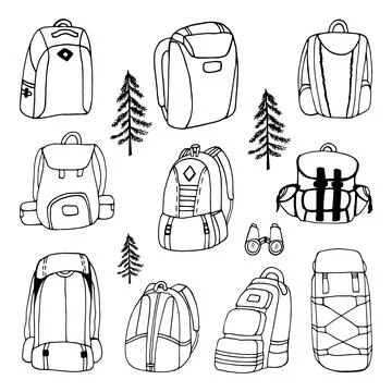 Big hand drawn vector camping backpacks clip art set. Isolated on white bac.. Stock Illustration