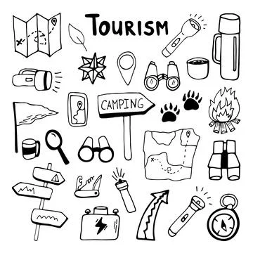 Big hand drawn vector camping navigation clip art set. Isolated on white ba.. Stock Illustration