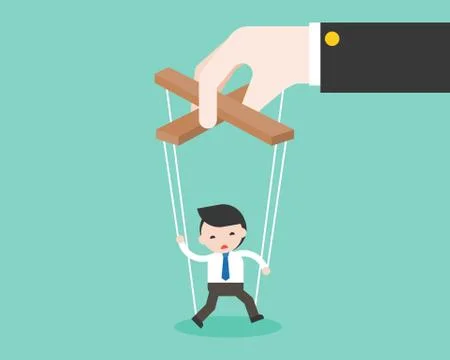 Big hand manipulate small puppet of businessman Stock Illustration