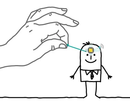 Big Hand Putting a Microchip in a Cartoon Man's Head Stock Illustration