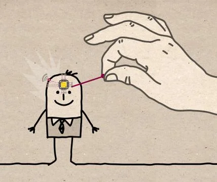 Big Hand Putting a Microchip in a Cartoon Man's Head - illustration on textur Stock Illustration
