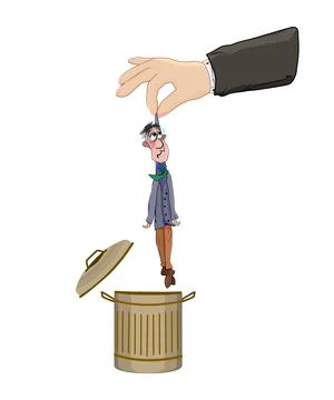 Big hand throws man into trash. Big hand holding small man over garbage bin. Stock Illustration
