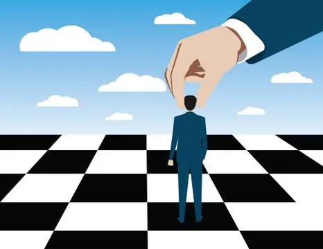 Big hand using tiny businessman as a pawn on chessboard Illustrazione stock