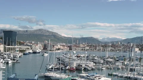 Big harbour with docket sail boats Stock Footage 130959169