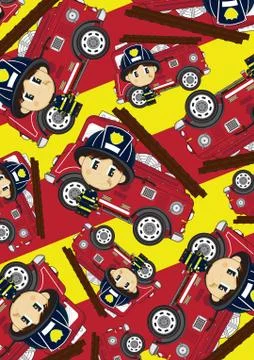 Big Head Fireman and Fire Engine Pattern 스톡 일러스트