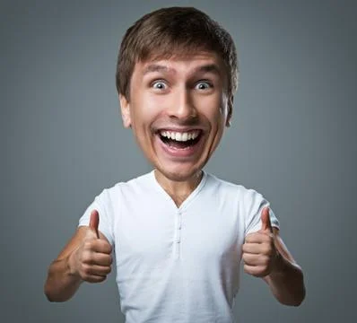 Big head guy makes crazy face emotions Stock Photos