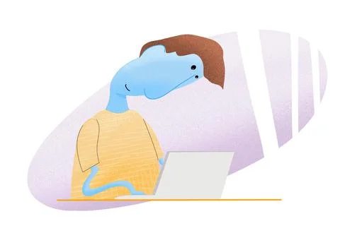 Big head guy working at laptop. Home office Stock Illustration
