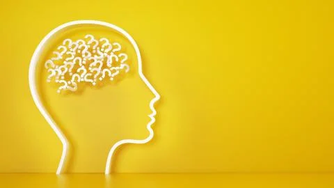 Big head with question marks inside brain on a yellow background. 3D Rendering Stock Illustration