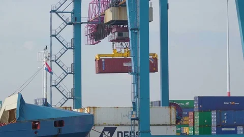 A big heavy container being lifted by the crane Stock Footage 79556900