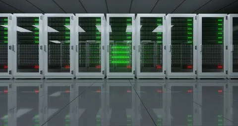 Big High Tech Server Data Center With Reflective Floor And A Lot Of Servers A Ilustração Stock
