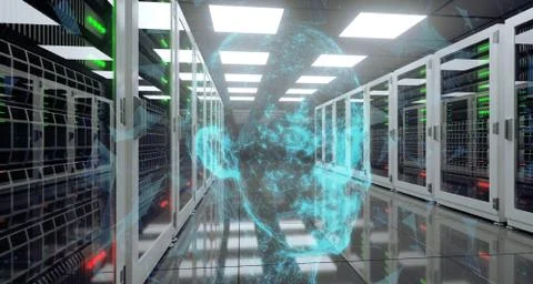 Big High Tech Server Data Center With Reflective Floor And Plexus Head At The Stock Illustration