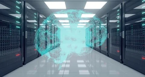 Big High Tech Server Data Center With Reflective Floor And Plexus Brain At Th Stock Illustration