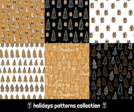 Big holiday hand drawn patterns set. Collection of winter backgrounds with .. Stock Illustration