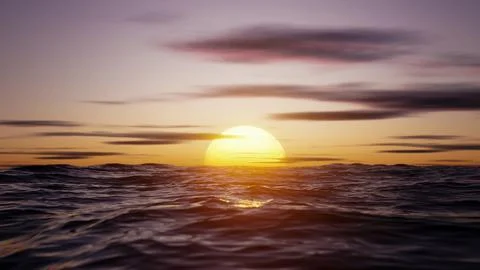 Big hot sun in the reflection of the sea over the horizon. 3D rendering Stock Illustration