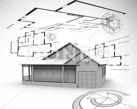 Big house in grey with architect plans Stock Illustration