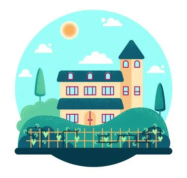 Big house with a tower in the vineyard - vector cartoon illustration Illustrazione stock