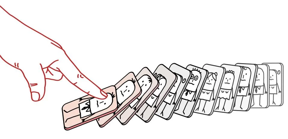 Big human finger pushing down cartoon people, like a domino effect Stock Illustration