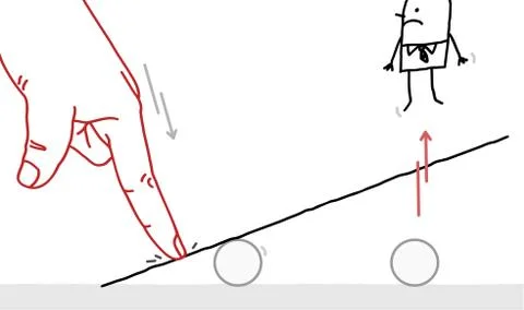 Big Human Finger Pushing on a teeter board, and Bumping off a Cartoon Man Stock Illustration
