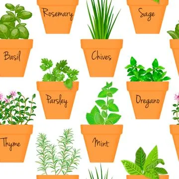 Big icon seamless pattern vector set of culinary herbs in orange terracotta clay Stock Illustration