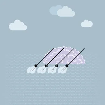 Big idea conceptual design, brain in the river, light bulbs forming oars. Stock Illustration