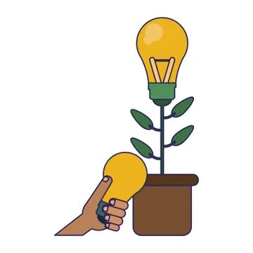 Big idea plat pot and hand with bulb light Ilustración de archivo