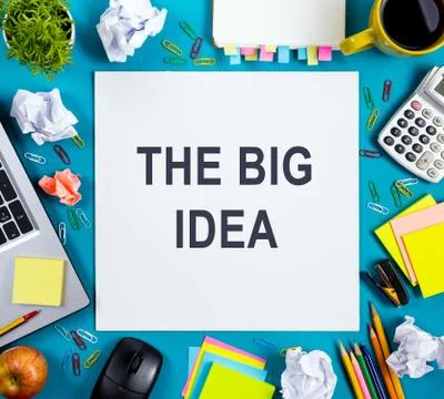 The big idea. Text words advice on office table desk with supplies, white blank Stock Photos