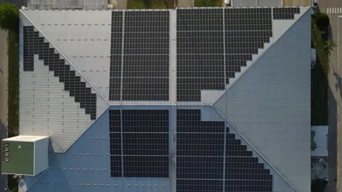 Big industrial building rooftoop with solar panels Stock Footage 313405462