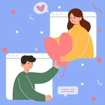Big Isolated cartoon Vector of young girl and boy in love, couple sharing Stock Illustration