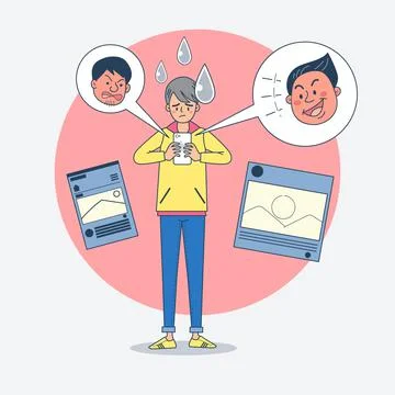 Big isolated young men having an argument on social media with different face Stock Illustration